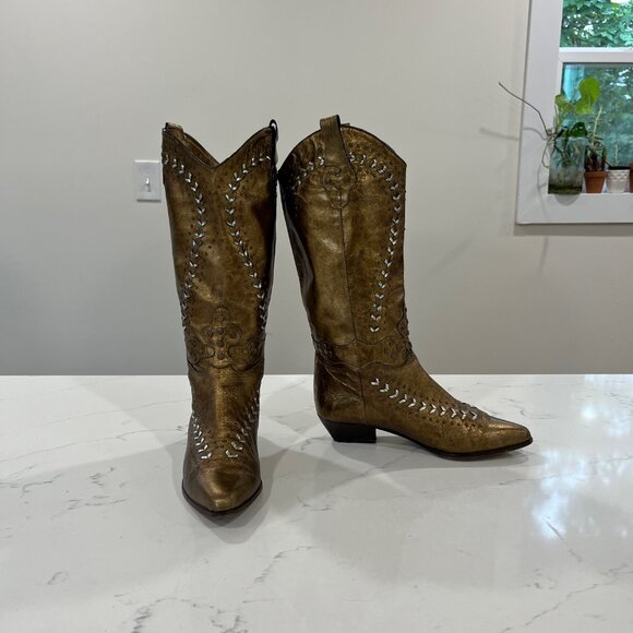 VTG LENNI Leather Low-Heel Western Boot Golden Color with Cut-Out Design 6.5 B - Picture 8 of 13